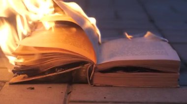 An open book is on fire. Big bright flame, burning paper on old publication in the dark. Book Burning - Censorship Concept, 4K