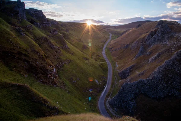 Winnats Pass in National Park Peak District in England before sunset 2022.