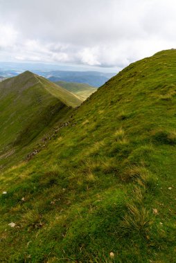 National Park Lake District, Helvellyn Hills, view while climbing Lake Thirlmere and Red Tarm, crossing Striding Edge and Swirral Edge during fog, 2022.