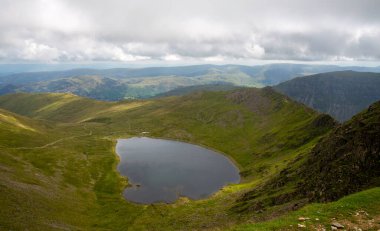 National Park Lake District, Helvellyn Hills, view while climbing Lake Thirlmere and Red Tarm, crossing Striding Edge and Swirral Edge during fog, 2022.