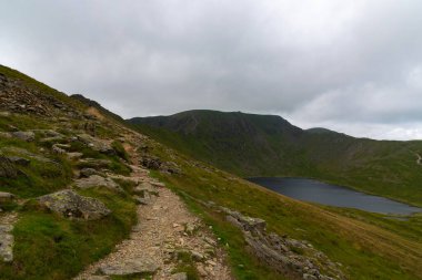 National Park Lake District, Helvellyn Hills, view while climbing Lake Thirlmere and Red Tarm, crossing Striding Edge and Swirral Edge during fog, 2022.