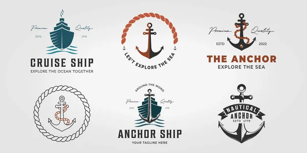 Bundle Anchor Gemisi Logo Simgesi Vintage Tasarım Vektörü İllüstrasyonunu Ayarla, Denizsel Yelken Grafiksel Okyanusu