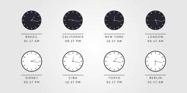 Zaman dilimleri için gece ve gündüz saatleri farklı şehirleri kapsıyor. Vektör İllüstrasyonu
