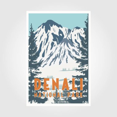 Denali Ulusal Parkı poster baskı vektör çizimi, vintage yama