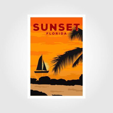Klasik tarz seyahat posteri veya etiket Florida Birleşik Devletleri, Key West Sunset ve palmiye ağaçları.