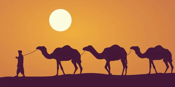 Desierto Caravana Camellos Ilustración Vectorial — Vector de stock