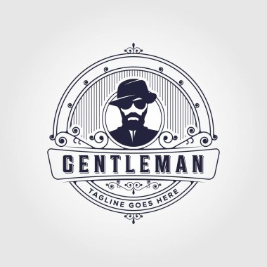 Silindir şapkalı beyefendi şablon tasarımı klasik rozet, Vektör illüstrasyonu.