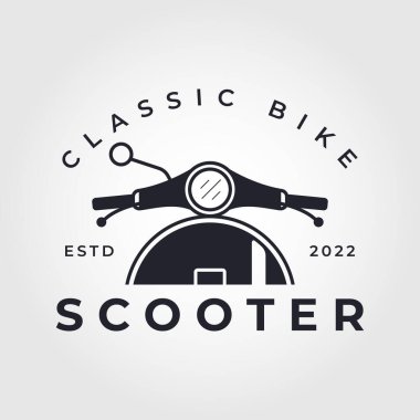 Motosiklet logosu tasarımı. Retro scooter ön görünüm vektör tasarımı.
