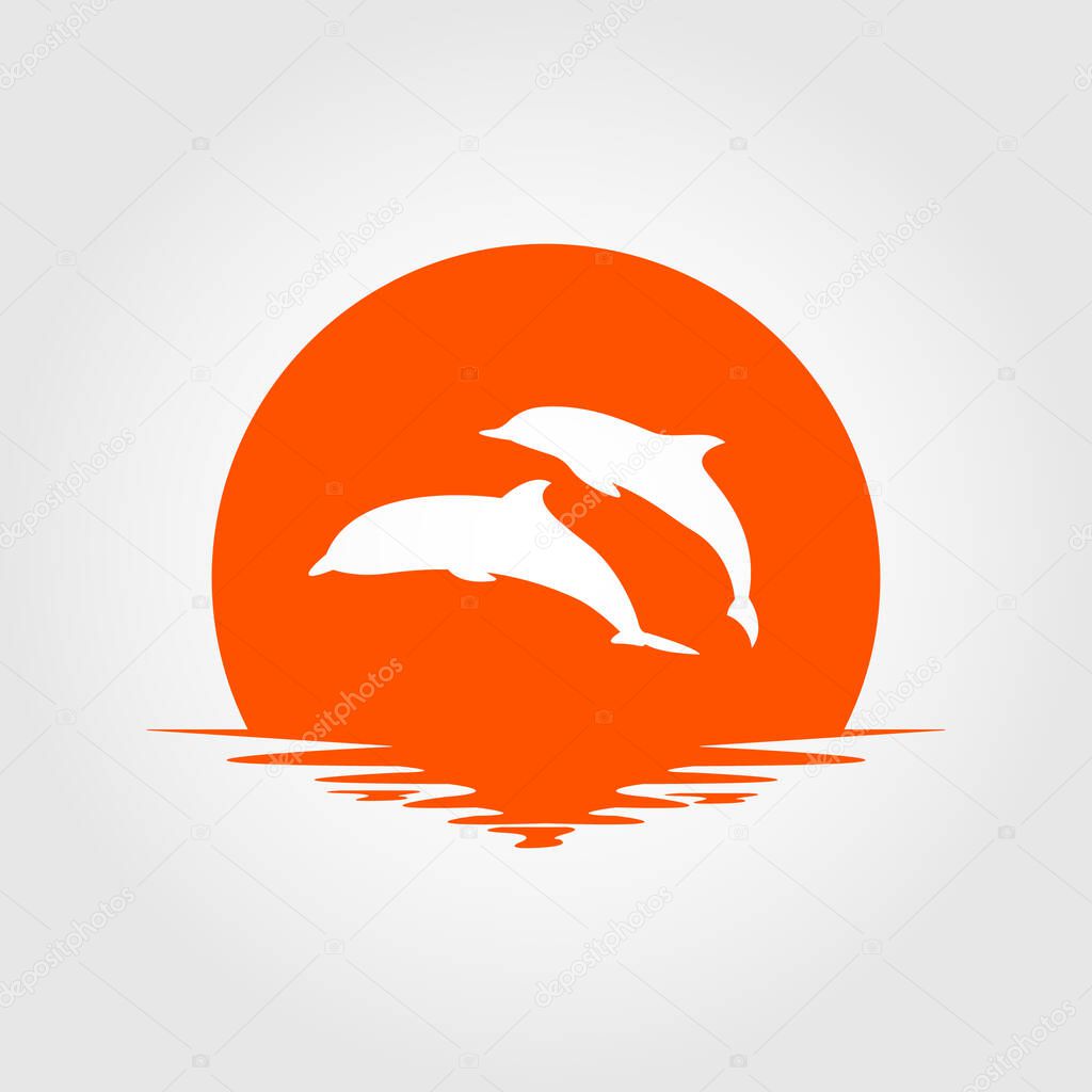 Dolphin sunset bay beach sea logo vector icon template illustration