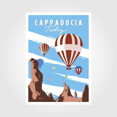 Cappadocia hot air balloon flight poster. Travel to Turkey. Retro poster, vintage banner.