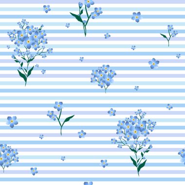 Çizgili arka planda mavi beni unutma desenleri olan kusursuz çiçek deseni. Çayır yaz bitkileriyle botanik tasarımı. Yaban çiçekli doğal duvar kağıdı.