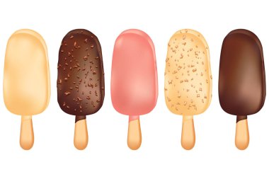 Donmuş pembe, kahverengi çikolata jöleli bir çubukta dondurma. Doğranmış fındık vektör illüstrasyonlu taze şekerleme. Yemeye hazır tatlı tatlı beyaz arka planda izole.