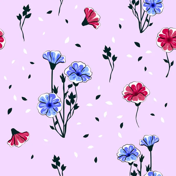 Patrón Floral Decorativo Sin Costuras Con Petunia Hojas Azules Rojas — Vector de stock
