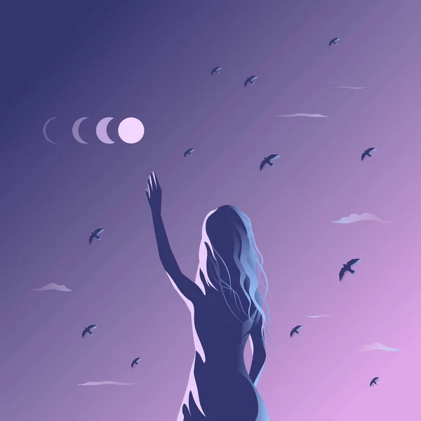 Girl Stretches Her Hand Moon Night Dark Background Full Moon — Stock Vector