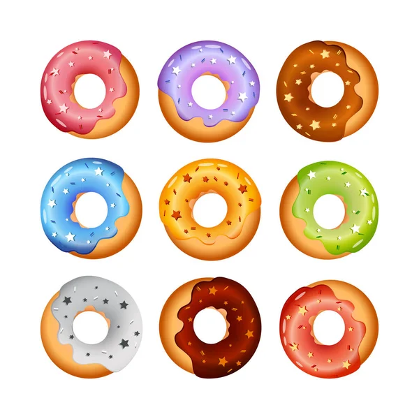 Glazed Doughnuts Collection Different Decoration Colorful Sweet Buns Isolated White — Stock Vector