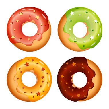 Beyaz arka planda izole edilmiş renkli tatlı çörekler. Farklı dekorlu jöleli çörekler. Kafe ya da fırın için sarı, kahverengi, yeşil, kırmızı, pembe kaplamalı şirin şekerlemeler. Abur cubur.