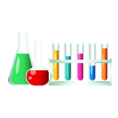 Beyaz arka planda izole edilmiş kimyasal çok renkli sıvı vektör illüstrasyonlu laboratuvar tüpleri ve mataralar.
