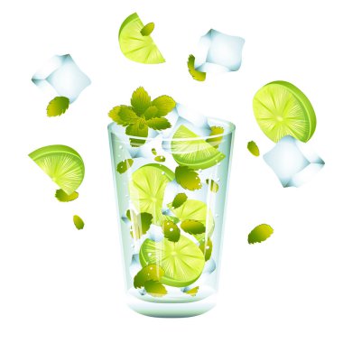 Gerçekçi vektör klasik mohito kokteyli parlak cam bardakta, buz küpleri, nane yaprakları, limon, sirup, beyaz arka planda mineral aqua. Bahar mevsimi, içki partisi için doğal bir ferahlatıcı içecek..