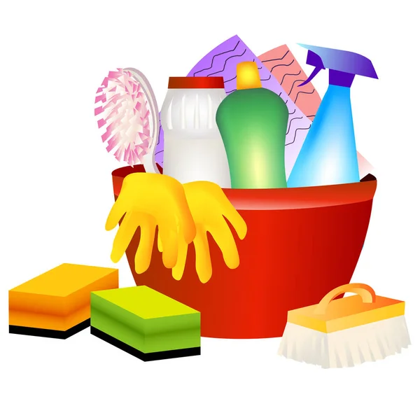 室内工作清洁剂 洗浴产品 用品和工具均以白色背景隔离 化学和卫生服务媒介说明 — 图库矢量图片
