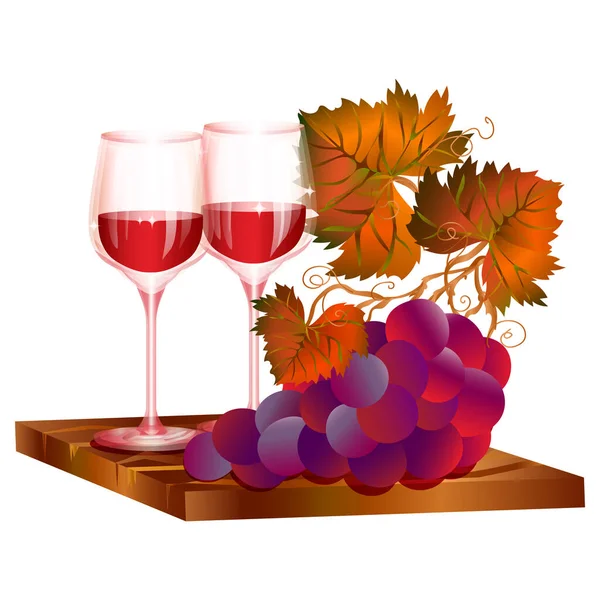 Coppia Bicchieri Vino Con Bevanda Alcolica Fresca Vite Legno Isolata — Vettoriale Stock