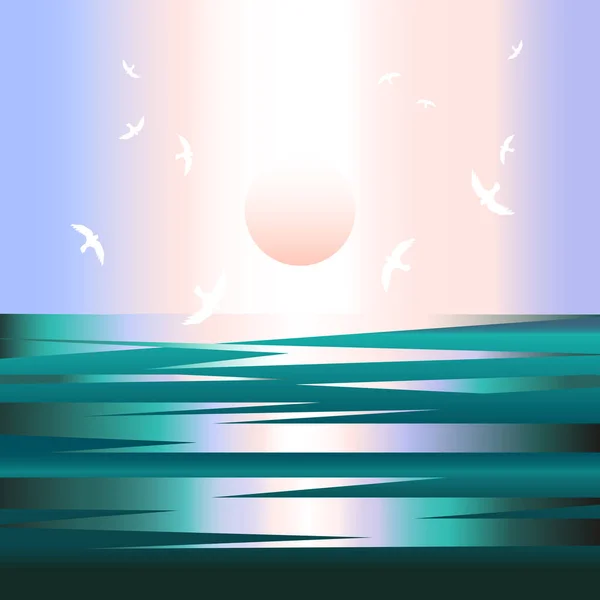 太阳升起在蓝色和碧绿的碧水之上 明亮的垂直光照耀着虚幻的天空 迷人的梦幻风景与海鸥 燕子在天空中的海洋 美妙的自然景观 — 图库矢量图片
