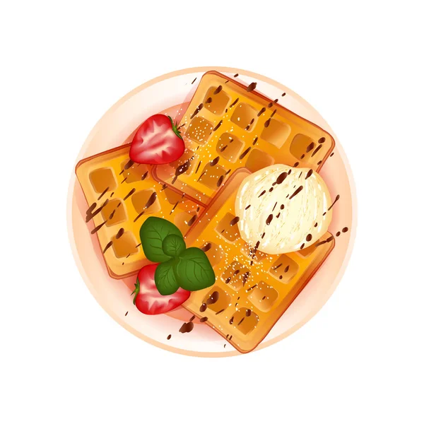 Bélgica Ouro Waffles Apetitosos Pires Com Sorvete Baunilha Folhas Hortelã — Vetor de Stock