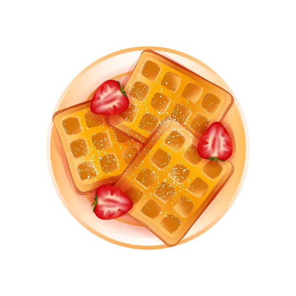 Belgium Golden Appetizing Wafers Biscuits Beige Plate Three Strawberries Vector — Stock Vector