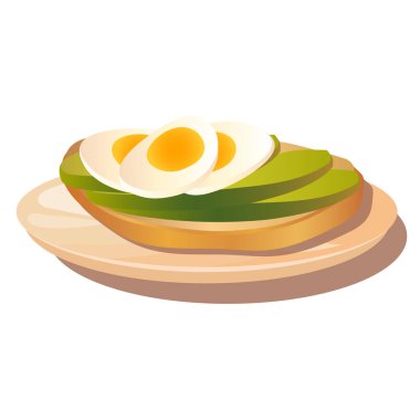 Olgun avokado tostu ve haşlanmış yumurtalı ekmek dilimi. Çay tabağında lezzetli bir kahvaltı sandviçi ya da beyaz arka planda izole edilmiş bir tabak. Sağlıklı besin vektörü çizimi.