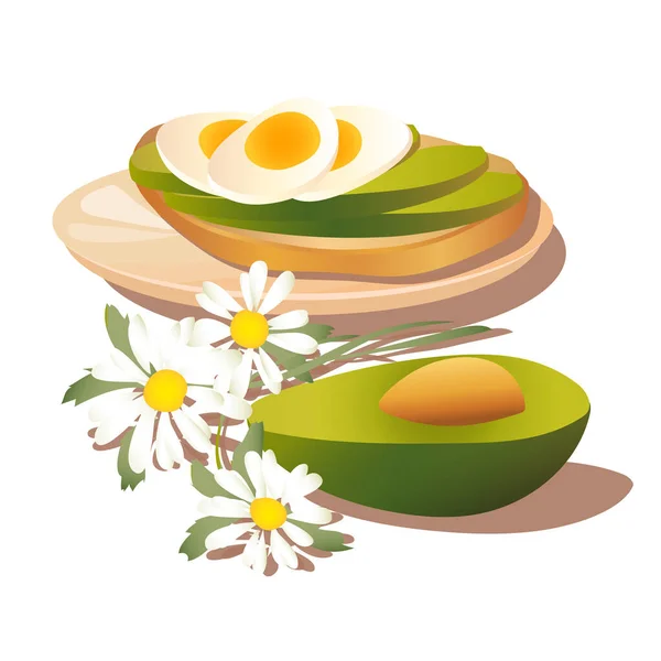 Yummy Vegetarian Still Life Pulpy Avocado Eggs Summer Flowers Daisies — Stock Vector
