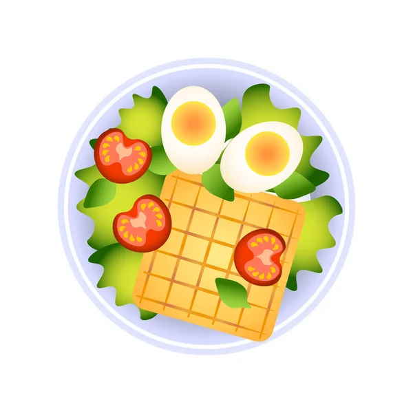 Blue Plate French Toast Boiled Eggs Cherry Tomatoes Green Lettuce — Stock Vector