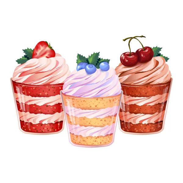 Set Sweet Creamy Layered Desserts Cups Delicate Sponge Cake Fresh — Stock Vector