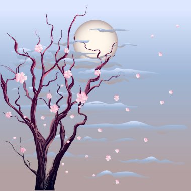 Japon gece Ay manzarası. Havada yapraklar ve çiçekler var. Bahar zamanı kuru sakura ağacı dalları. Dolunayda kiraz, elma ya da badem çiçeği.