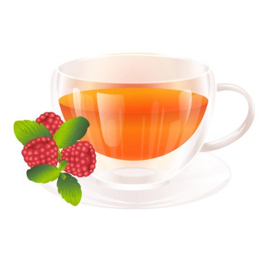Vitamin meyveli çay. Soğuk algınlığı taşıyıcı illüstrasyon için böğürtlen ve bitki. Beyaz arka planda izole edilmiş çift cam bardak sıcak içecek..