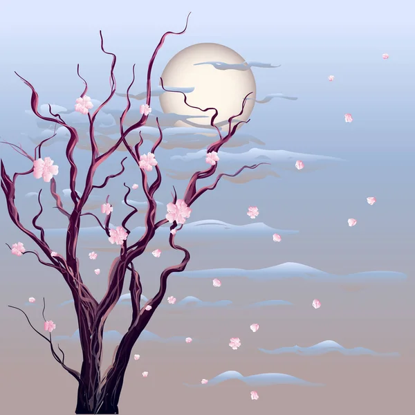 Japoński Księżycowy Krajobraz Nocy Płatkami Kwiatami Powietrzu Wiosna Suche Gałęzie Wektory Stockowe bez tantiem