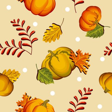 Doğal mevsimsel benekli desenler, balkabakları ve pastel bej arka planda bitki örtüsü. Botanik sonbahar zarif yaprak vektör tasarımı.