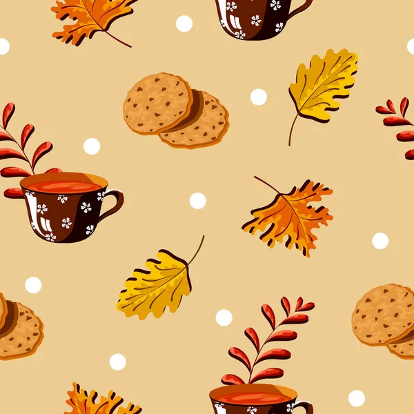Przytulny Jesienny Wzór Gorącymi Filiżankami Smaczne Domowe Ciasteczka Czekoladowe Złoty — Wektor stockowy