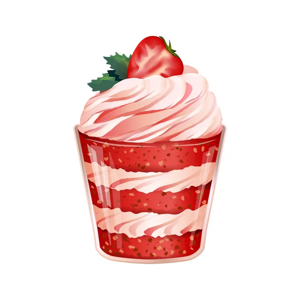 Delicate Layered Dessert Glasscup Red Velvet Cake Ripe Berries Fresh — Stock Vector