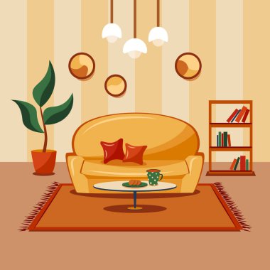 Oturma odası vektör illüstrasyonu. Konforlu kanepe, halıdaki masa, saksı ve duvar dekoru düz stil..