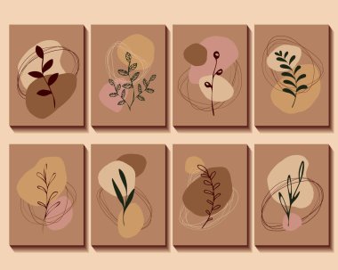 Duvar sanatı için soyut botanik dekoratif posterler. Düz minimalizm tarzında basit doğrusal yaprak. Samimi estetik vektör illüstrasyonu doğa ve zarafet elementleriyle.