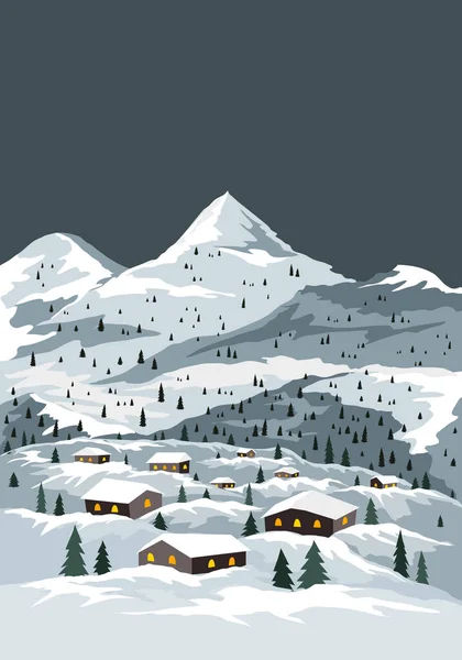 山中的雪冬村 带小住宅和冷杉林地的自然景观季节矢量图解 — 图库矢量图片