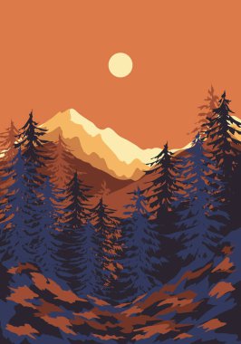 Terracotta dağları, ağaçları ve ormanlarıyla çağdaş duvar dekoru. Vahşi Orman 'ın üzerindeki güneşin vektör manzarası. Düz moda doğal botanik minimalist poster.
