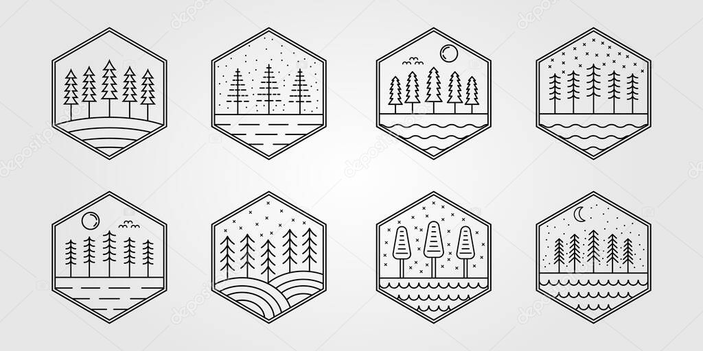Set of pine tree line art logo vector illustration design