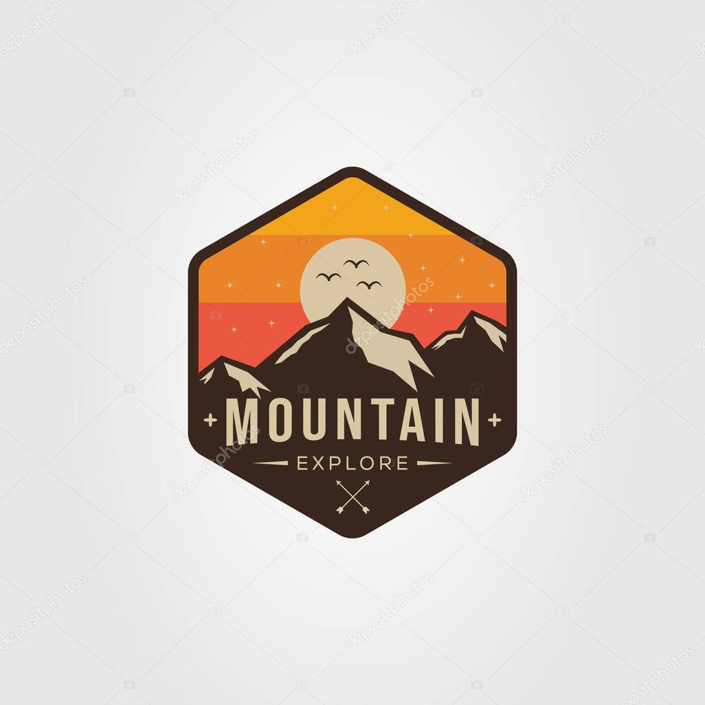 Stunning mountain and beautiful sunset landscape logo vector illustration design