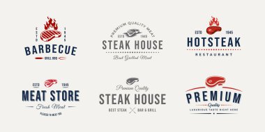 Klasik kasap et dükkanı logo vektör çizimi seti. Klasik retro biftek evi, barbekü, restoran amblemi logosu.