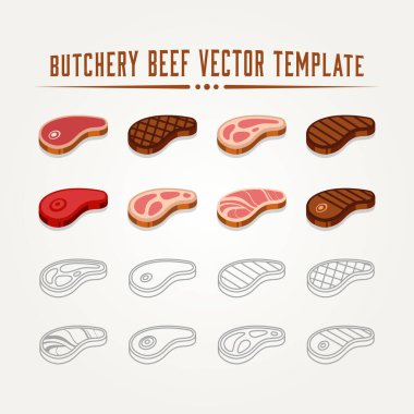 Çiğ et minimalist düz ve çizgi halinde sanat logosu vektör çizimi tasarımı. Basit barbekü ya da kasap dükkanı amblemi logosu kavramı