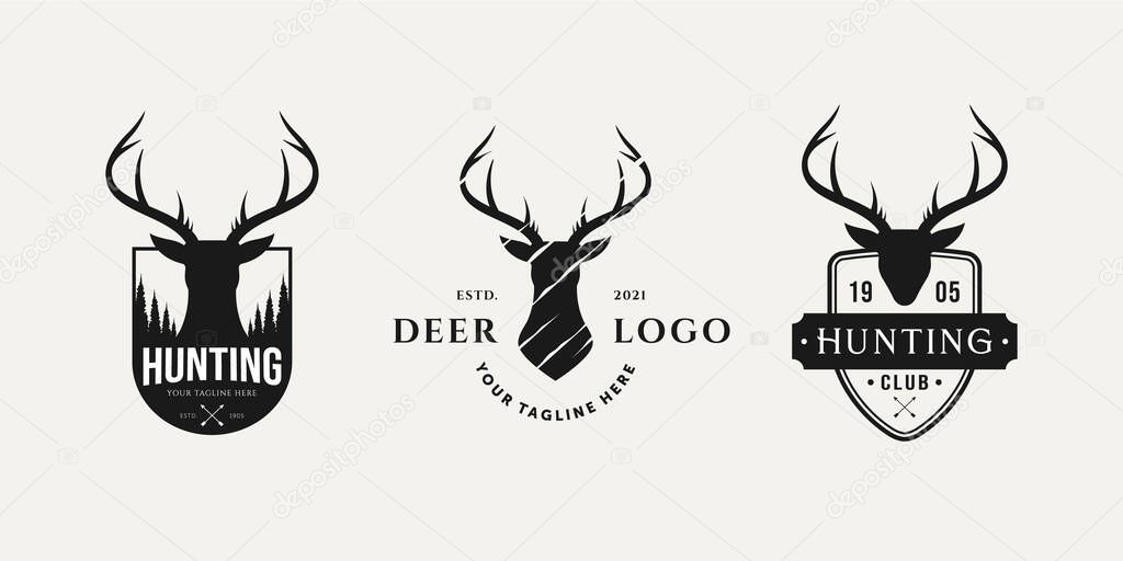 Set of vintage hunting logo with deer head badge logo vector illustration design. retro hunting adventure, deer hunt, hunting club emblem logo concept