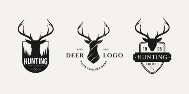 Geyik başlı klasik av logosu logo vektör çizimi. Retro av macerası, geyik avı, av kulübü amblemi logosu konsepti
