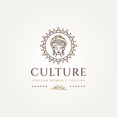 Afrikalı kadın moda kültürü sanat logosu. Türbanlı ve etnik yuvarlak kabile sembollü Afrikalı kadın. Sanat rozeti logosu vektör illüstrasyon tasarımı.