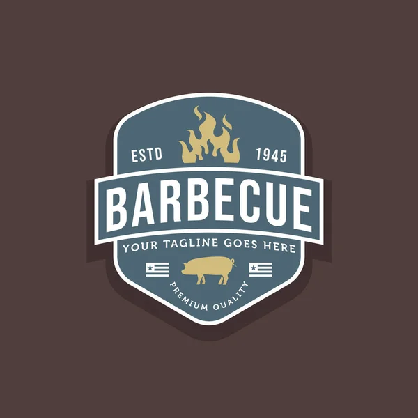 vintage retro pork barbecue badge logo. typography pig barbecue with flame and american flag emblem logo template vector illustration design
