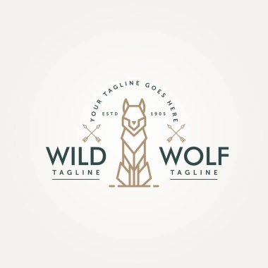 Vahşi kurt basit çizgi sanat logosu şablon vektör çizimi tasarımı. Wolf Monoline ana hatları çapraz mızrak sembolü logosu konseptiyle